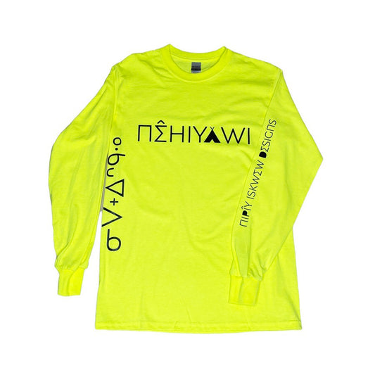 Nipiy Iskwew Designs - Chartreuse Nehiyawi Long Sleeve Shirt with Cree Syllabics - Indigenous Streetwear